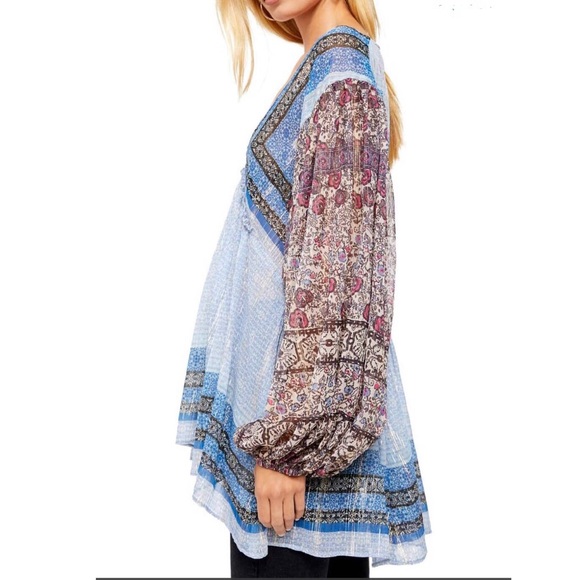 Free People Peasant Tunic Long Sleeve Sheer Top Chic Boho Printed V-neck Overlay - Picture 5 of 16